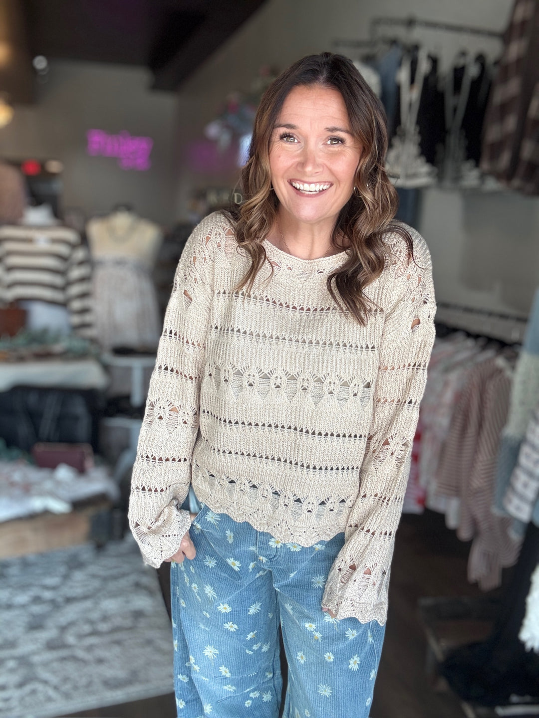 Tan Open Knit Pullover Sweater