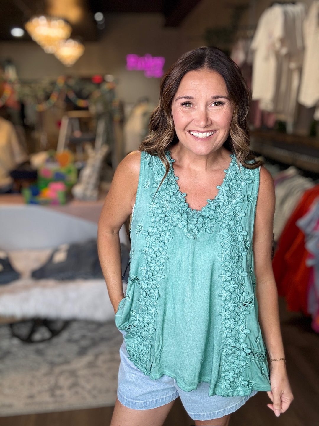 Spring Emerald Floral Lace Tank
