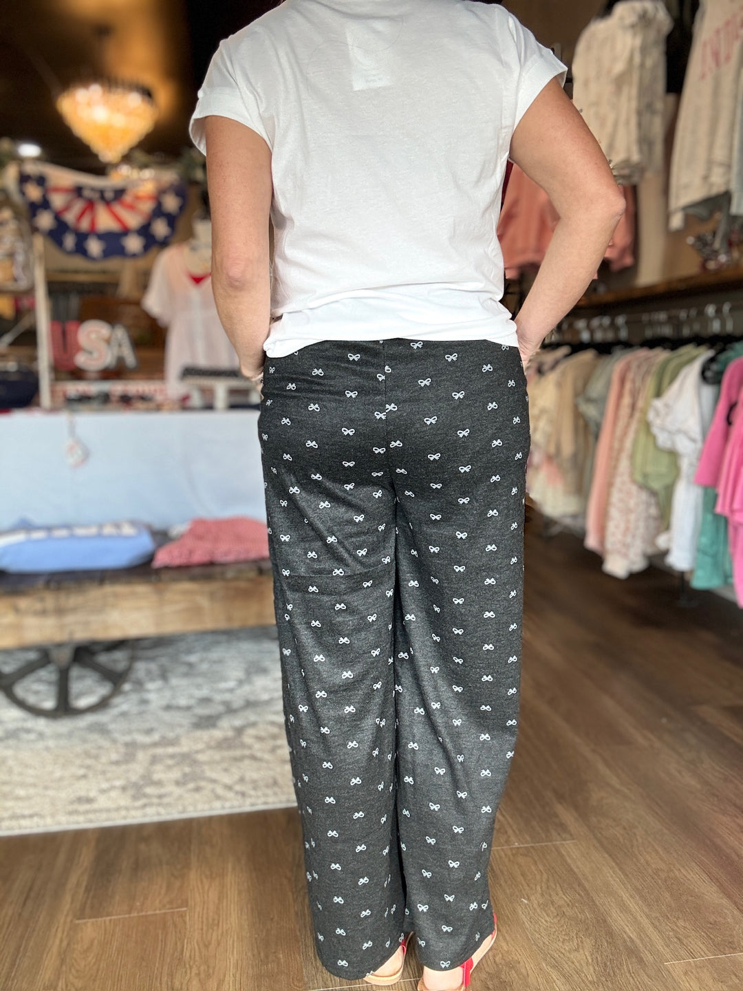 Black Ribbon Print Casual Pants