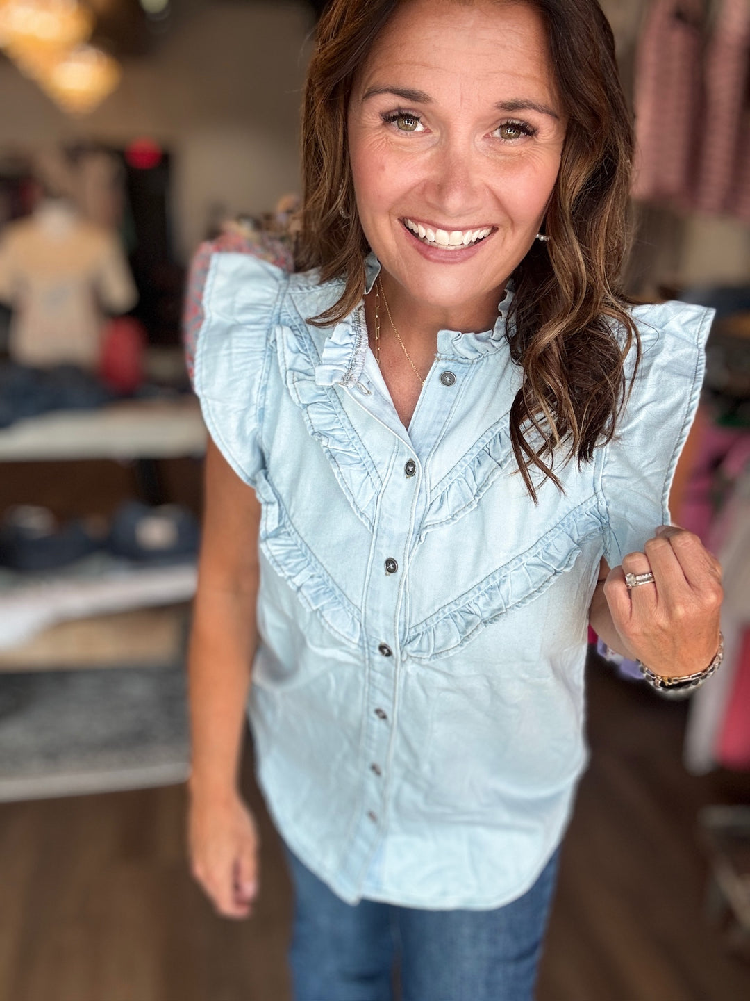 Mineral Washed Denim Button Up Top