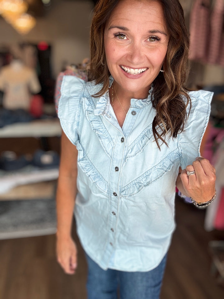 Mineral Washed Denim Button Up Top