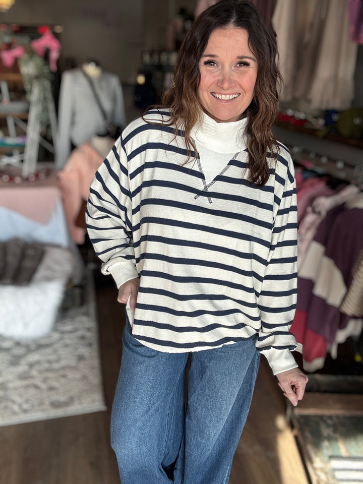 Navy Striped Mock Neck Sweatshirt