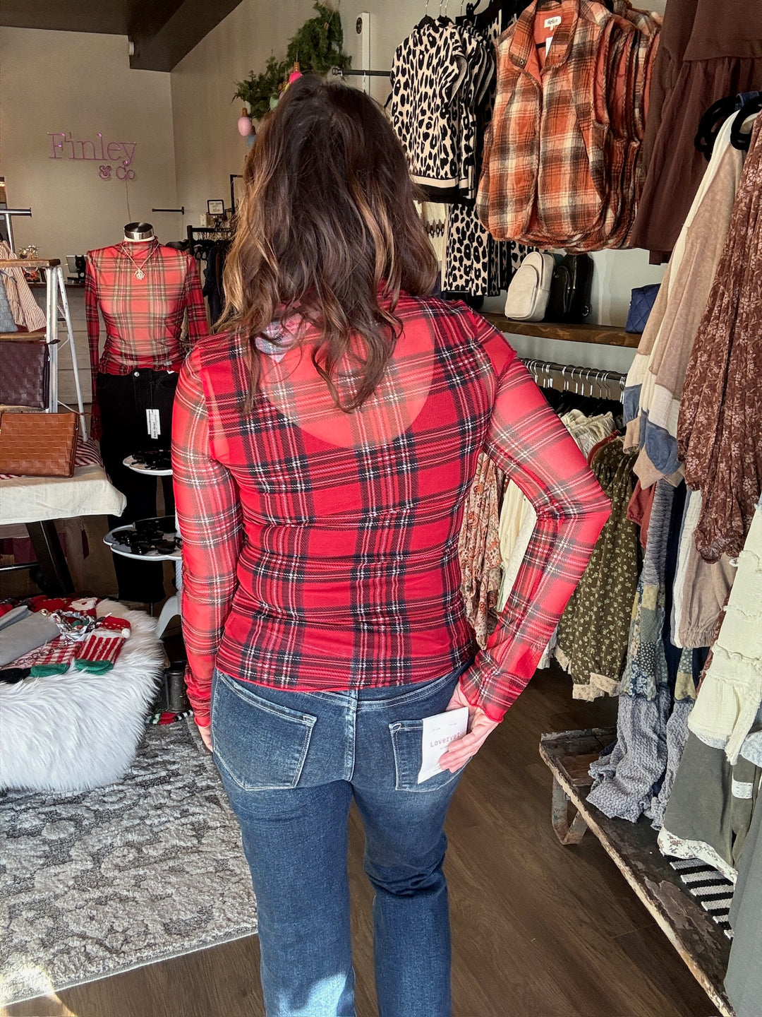 Red Plaid Mesh Top