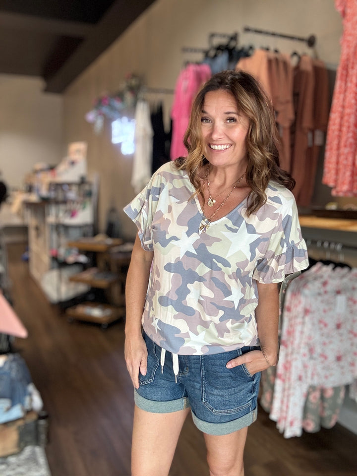 Camo Ruffle Sleeve Tee