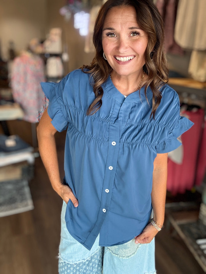 Blue Ruched Button Up Blouse