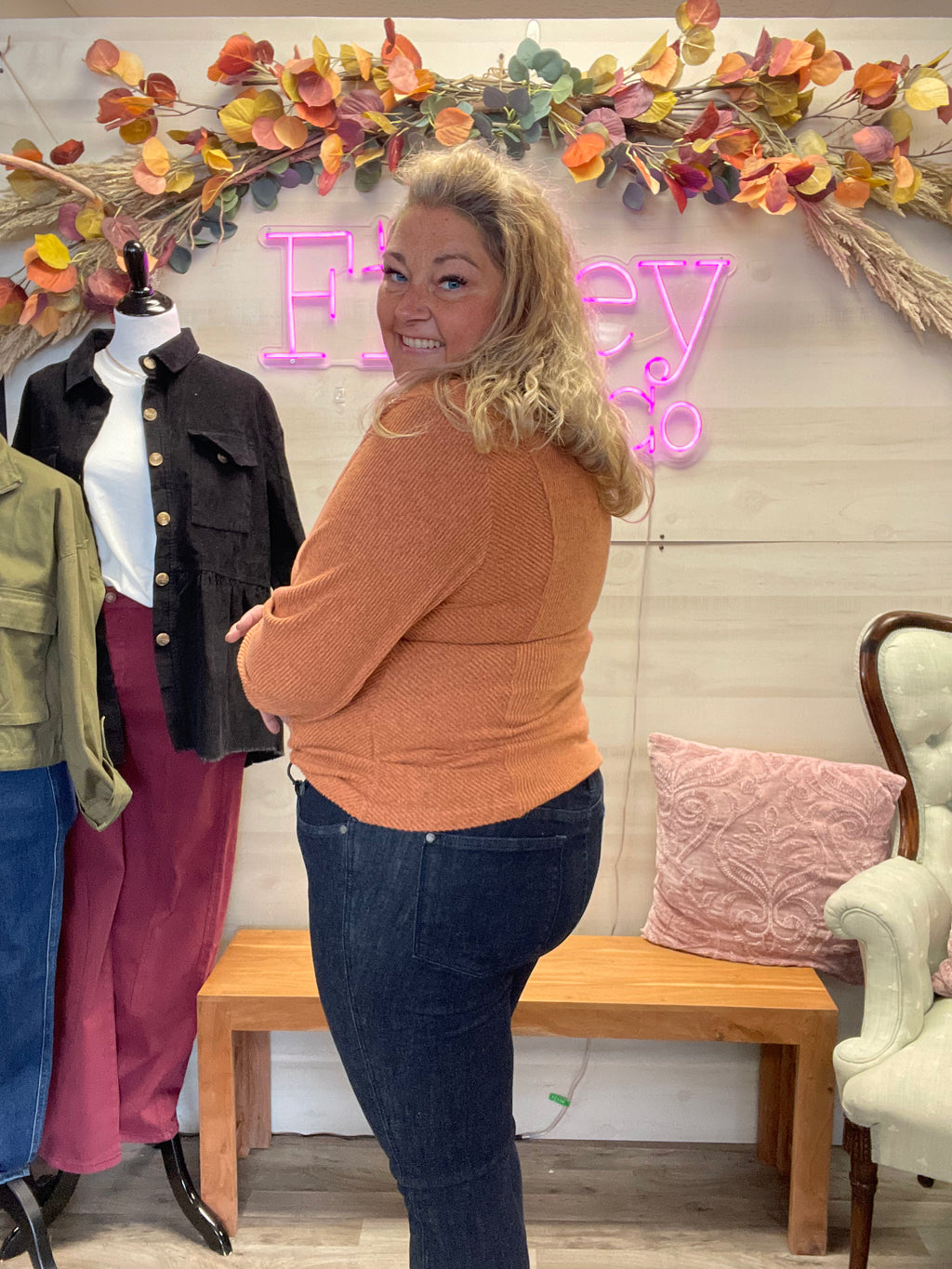 U Neck Textured Long Sleeve Top