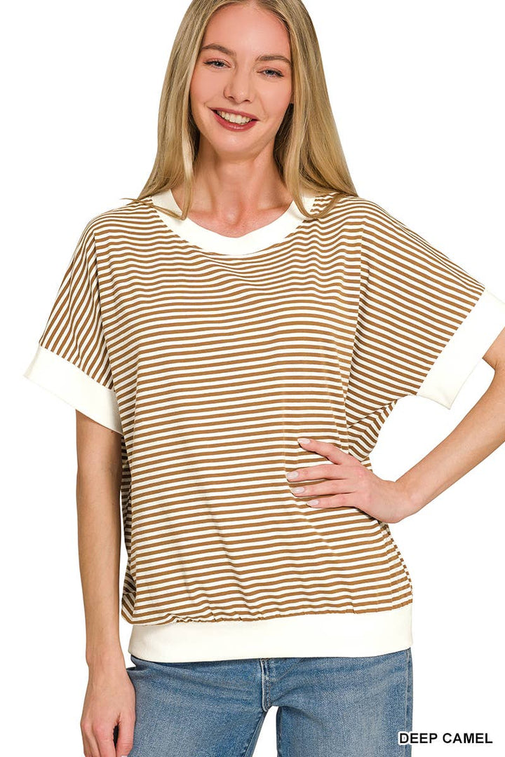 Stripe Contrast Trim Banded Bottom Top - Zenana