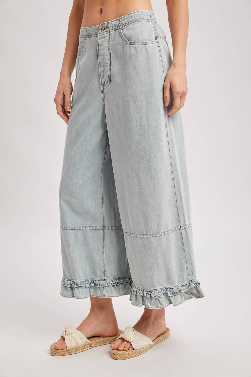 DENIM WIDE-LEG RUFFLED HEM BLOOMER JEANS