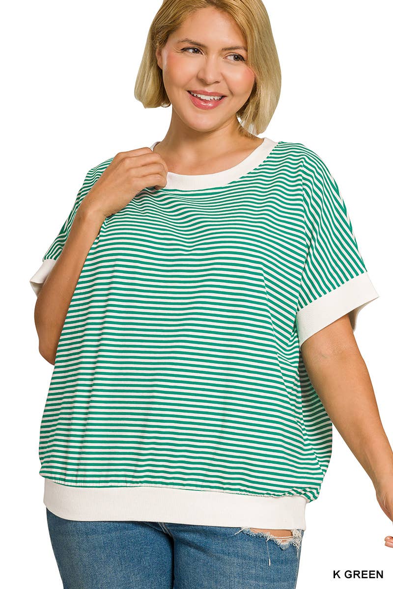 Plus Stripe Contrast Trim Banded Bottom Top