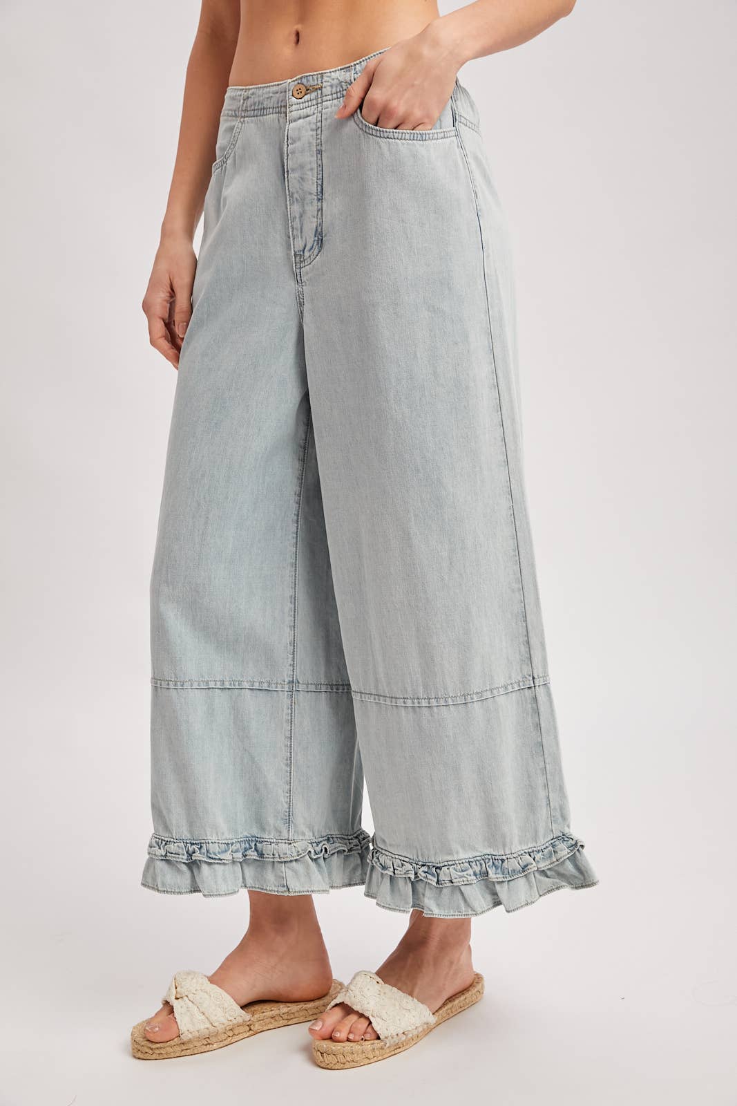 DENIM WIDE-LEG RUFFLED HEM BLOOMER JEANS