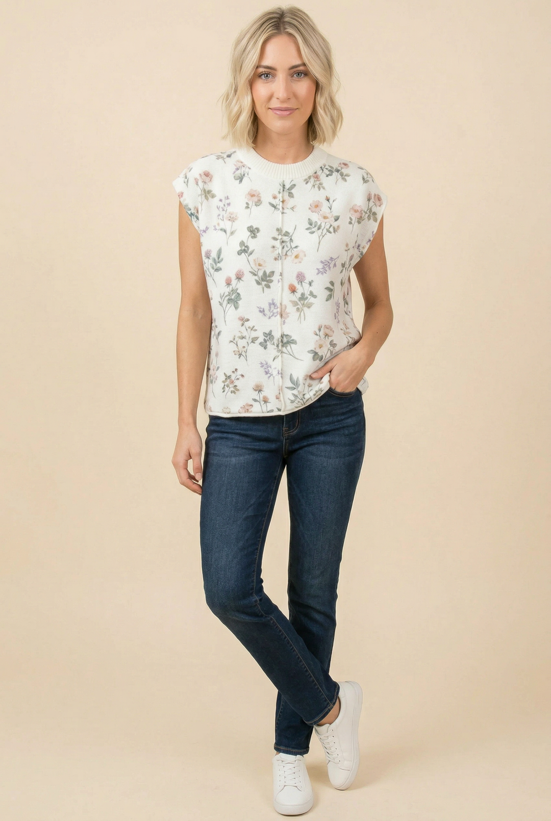 TA2497 Floral Textured Sleeveless Knit Top