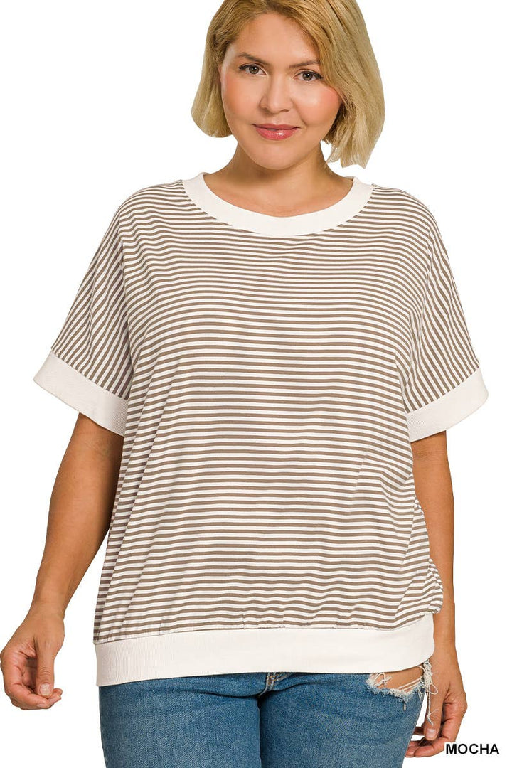 Plus Stripe Contrast Trim Banded Bottom Top