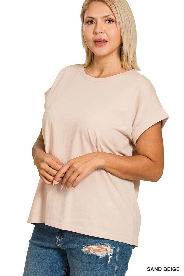 Cotton Folded Sleeve T Shirt