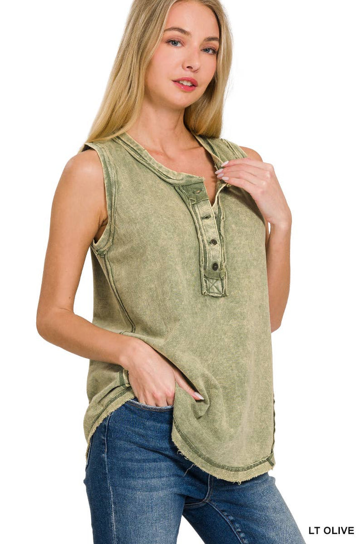 Washed Half Button Raw Edge Henley Top - Zenana