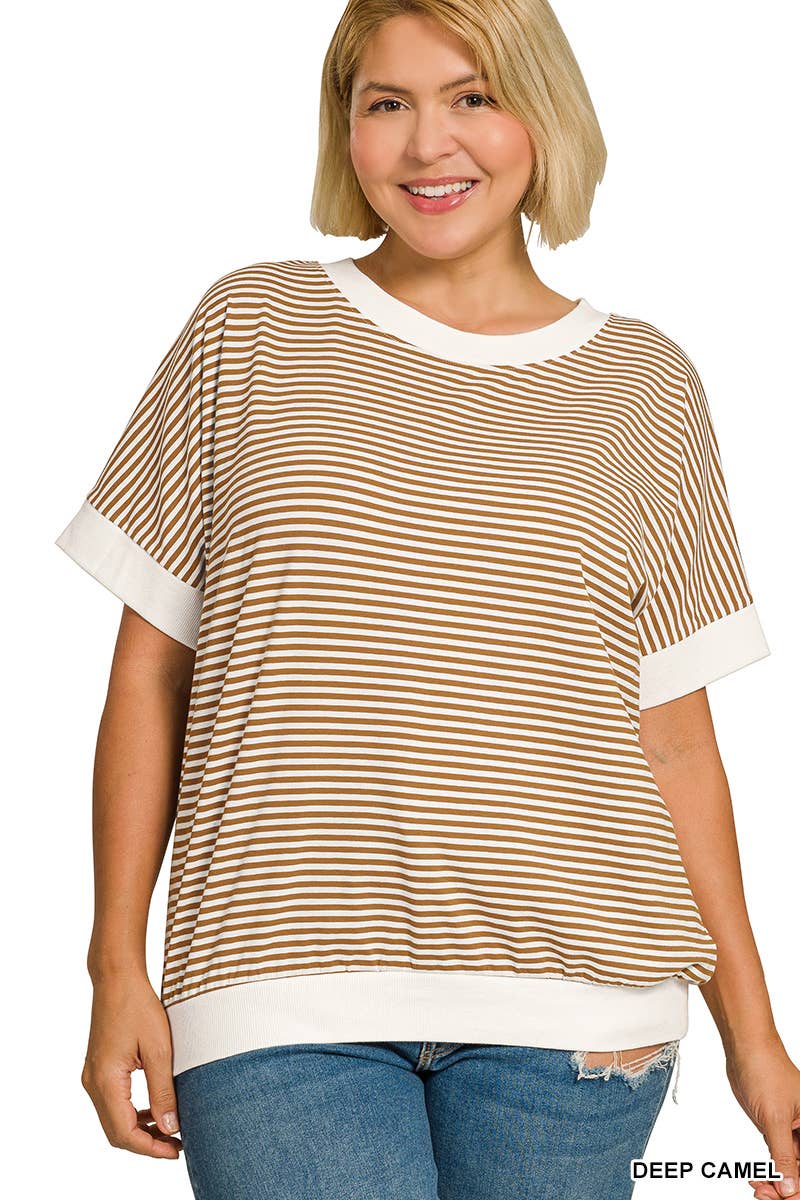 Plus Stripe Contrast Trim Banded Bottom Top