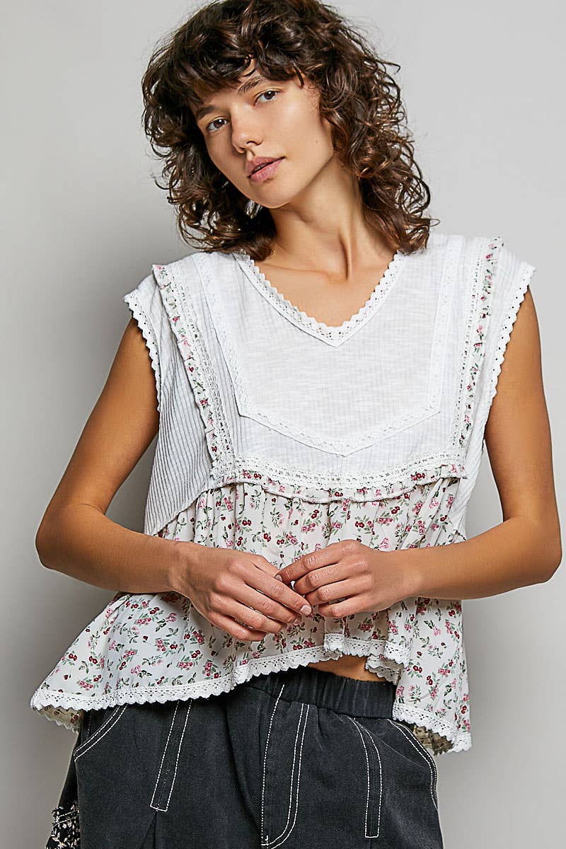 V-neck Floral Pattern Trim Ruffle Rib Knitted Sleeveless Top