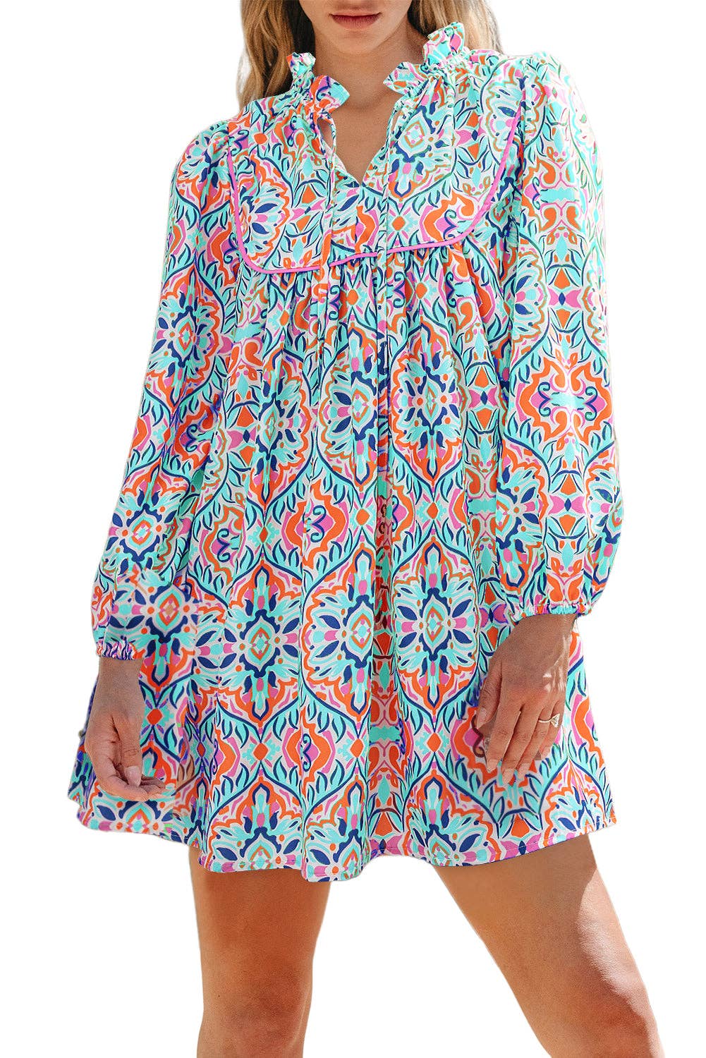 Khaki Abstract Printed Long Sleeve Tied Neckline Mini Dress