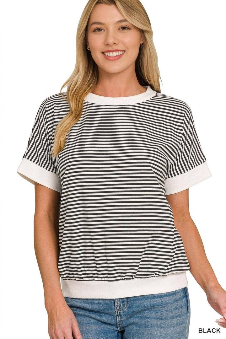 Stripe Contrast Trim Banded Bottom Top - Zenana