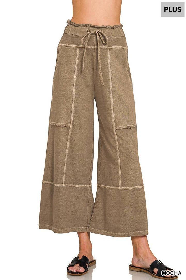 Plus French Terry Exposed Seam Wide Leg Pants