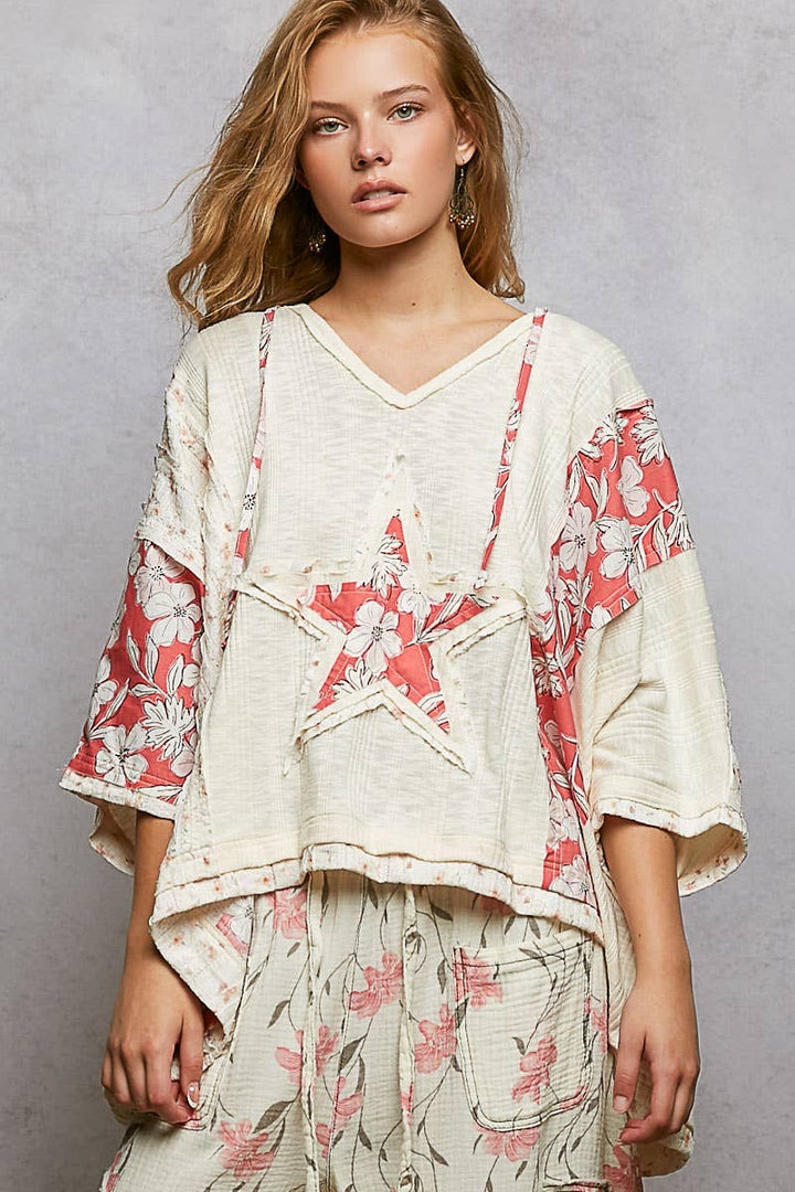 Long Sleeve Lace Contrast Floral Star Patch Knit Top SALE