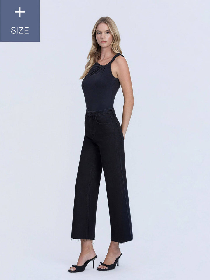 PLUS HIGH RISE RAW HEM CROP BLACK  WIDE LEG JEANS LV1220BK-P