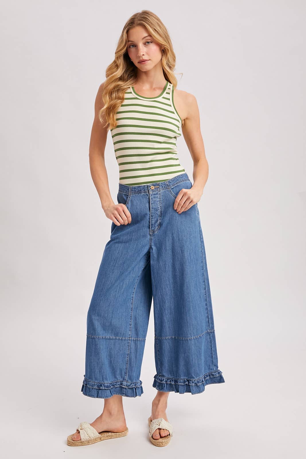 DENIM WIDE-LEG RUFFLED HEM BLOOMER JEANS