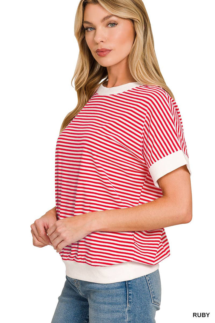 Stripe Contrast Trim Banded Bottom Top - Zenana
