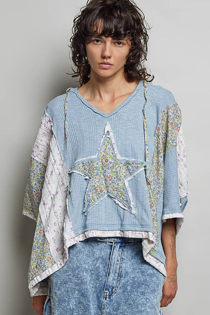 Long Sleeve Lace Contrast Floral Star Patch Knit Top SALE