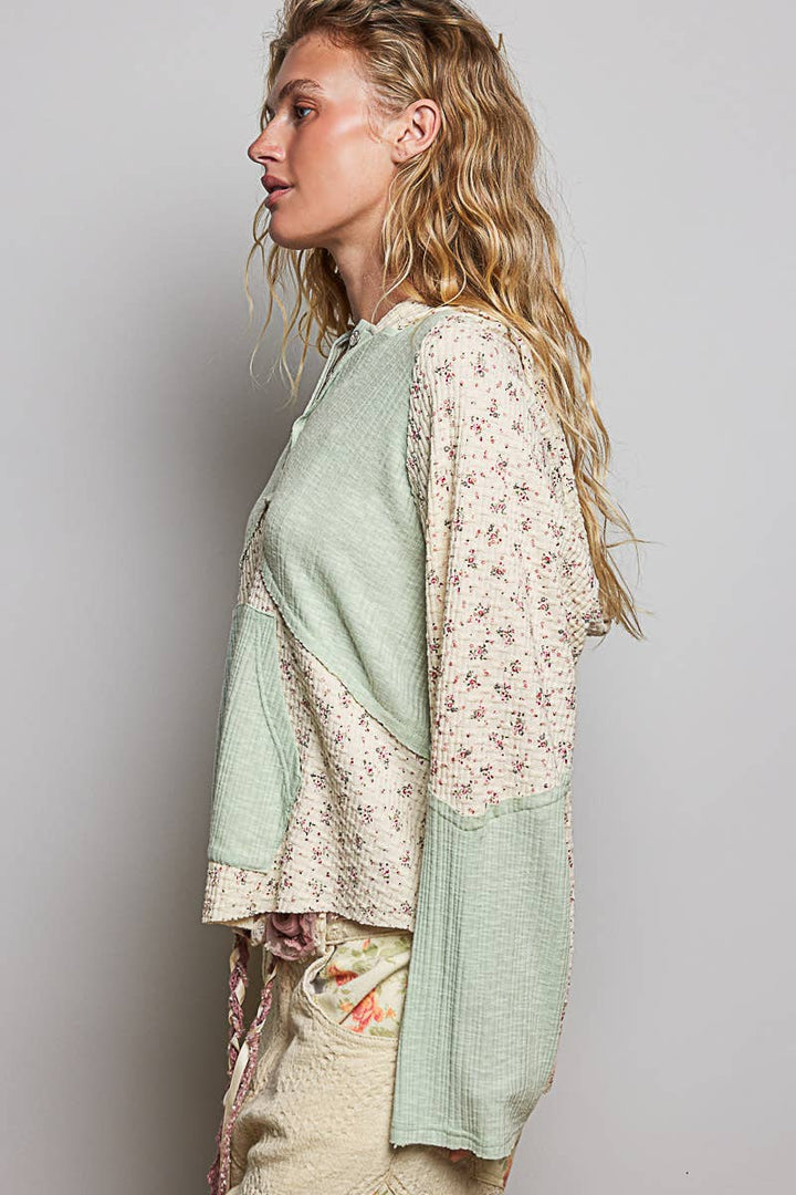Mixed-Fabric Feminine Look Floral Lace Trim Long Sleeve