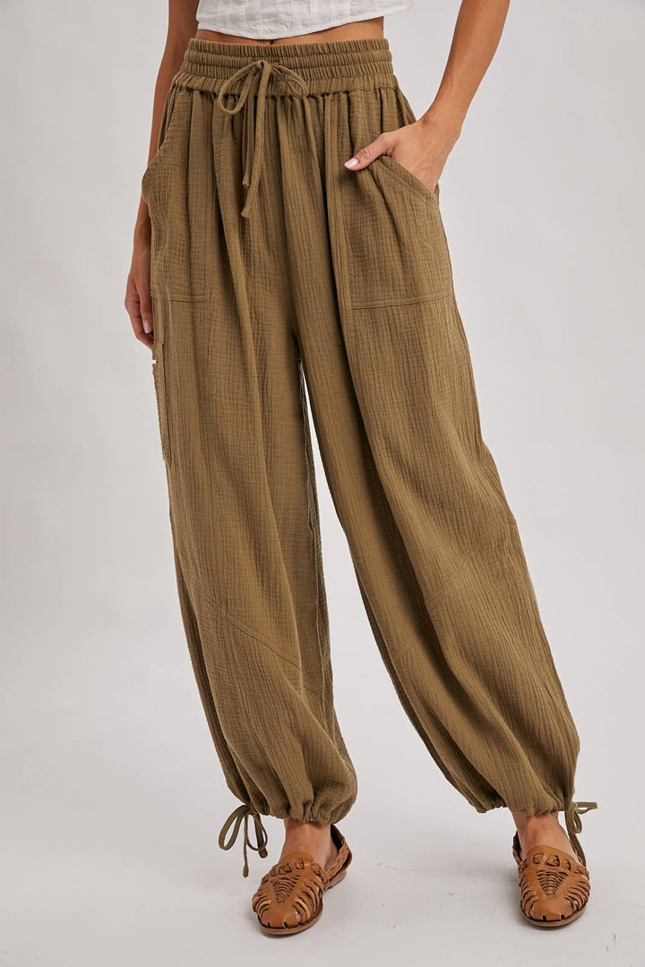 JOGGER HAREM DRAWSTRING PANTS: LT.OLIVE / M