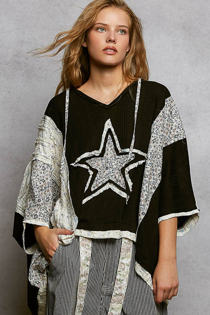 Long Sleeve Lace Contrast Floral Star Patch Knit Top SALE