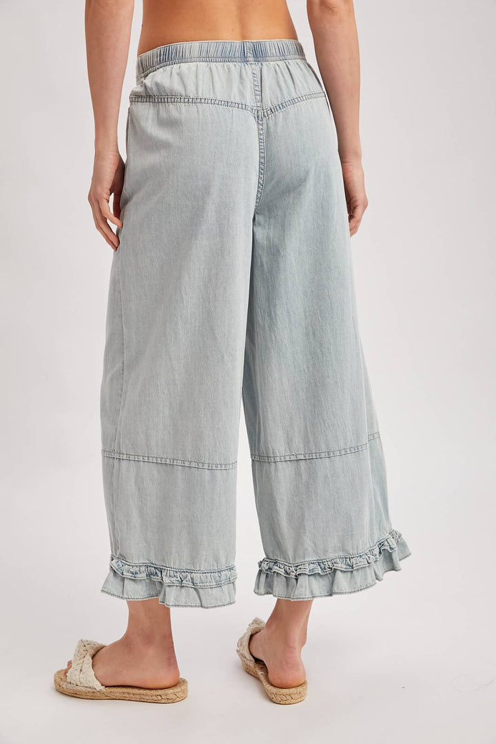DENIM WIDE-LEG RUFFLED HEM BLOOMER JEANS