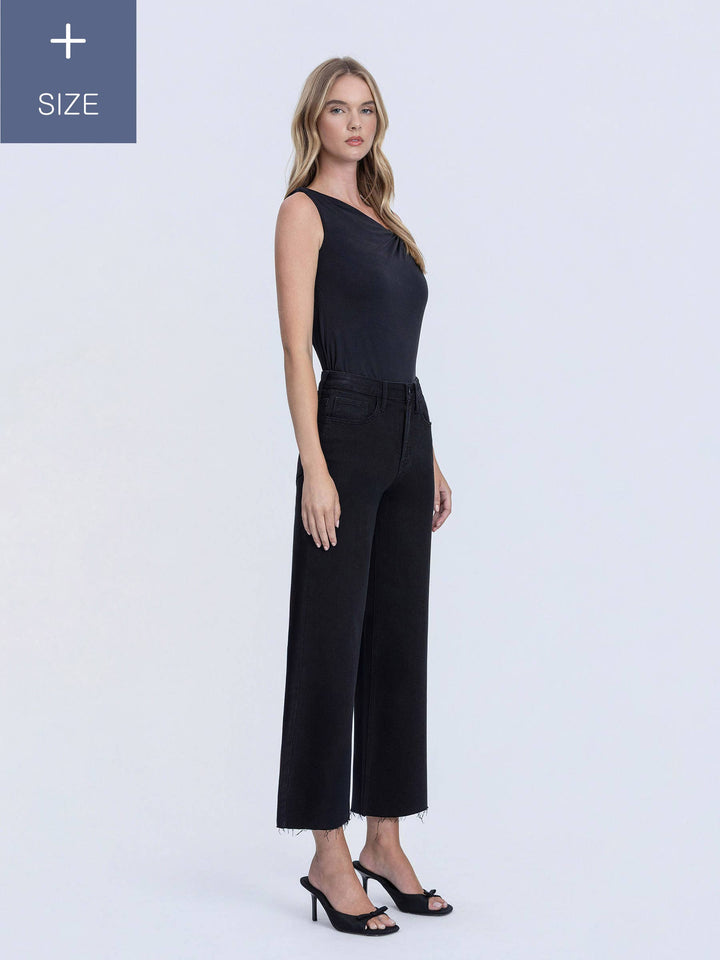PLUS HIGH RISE RAW HEM CROP BLACK  WIDE LEG JEANS LV1220BK-P