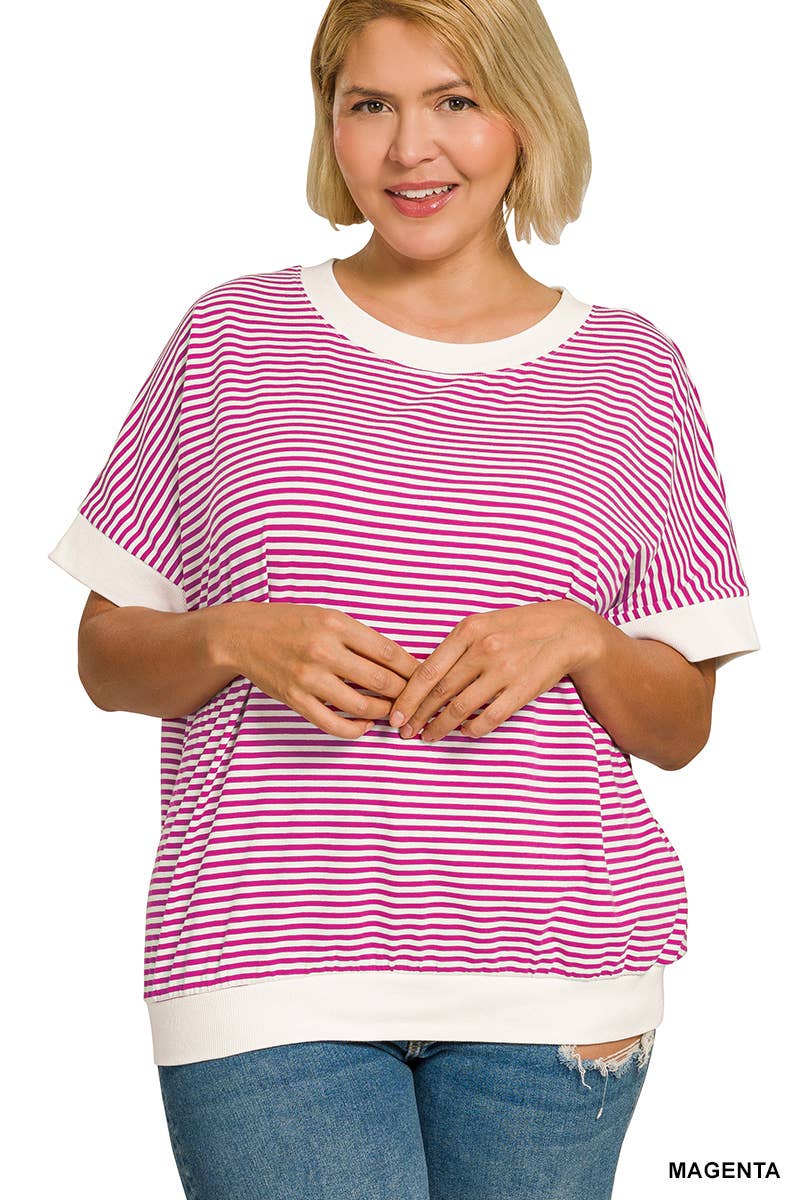 Plus Stripe Contrast Trim Banded Bottom Top