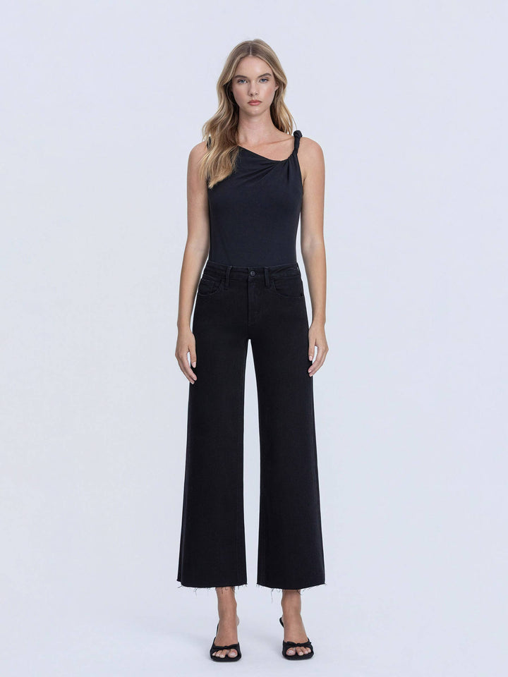 HIGH RISE RAW HEM CROP JET BLACK WIDE LEG JEANS LV1220BK