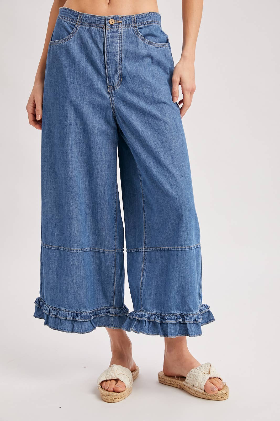 DENIM WIDE-LEG RUFFLED HEM BLOOMER JEANS