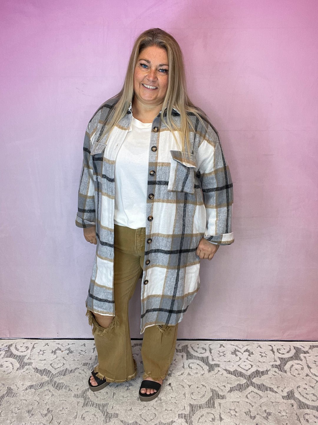 Long Plaid Lapel Shacket