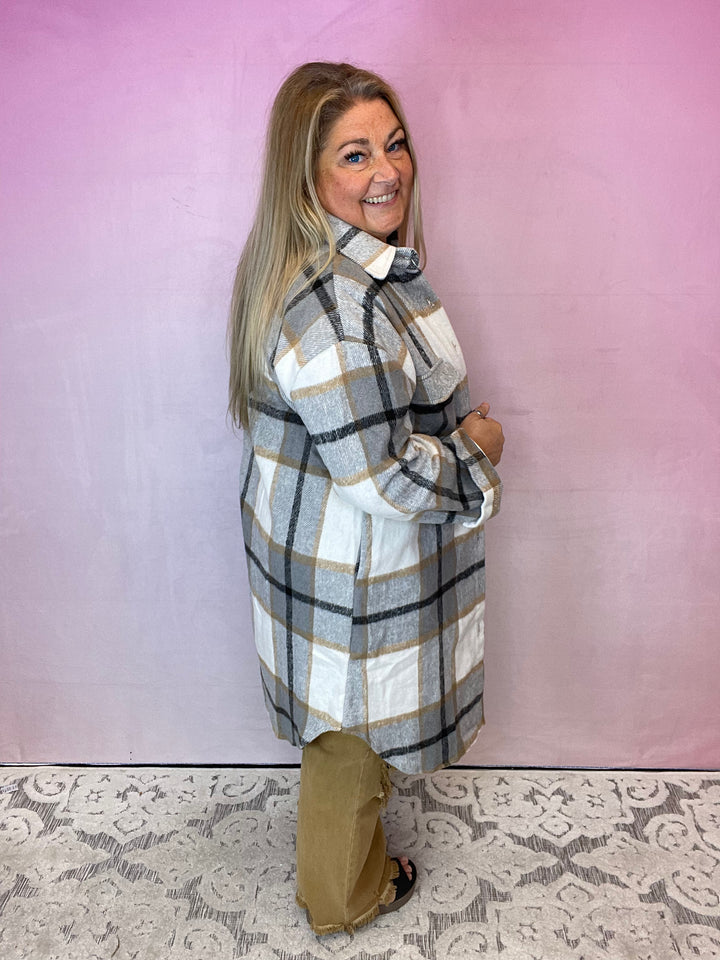 Long Plaid Lapel Shacket