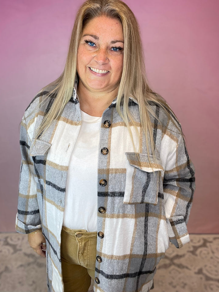 Long Plaid Lapel Shacket