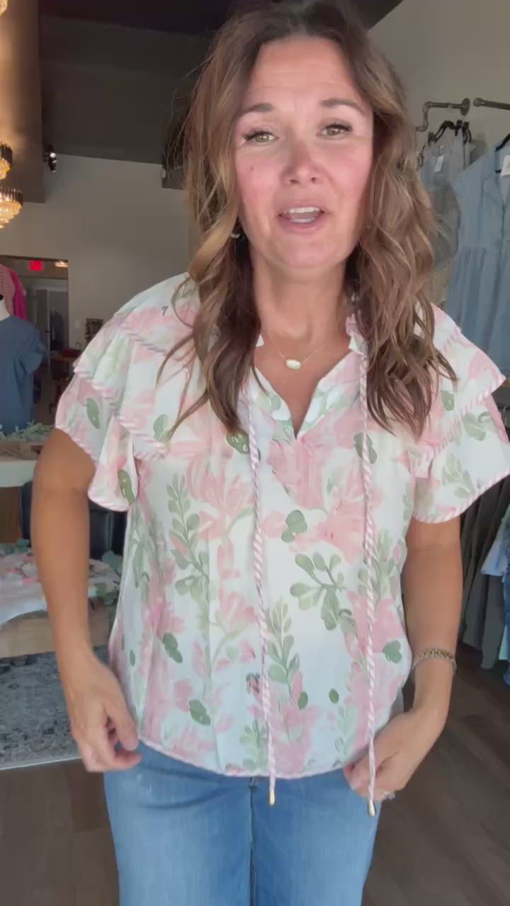 Pink Floral Striped Contrast Blouse