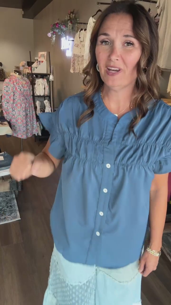 Blue Ruched Button Up Blouse